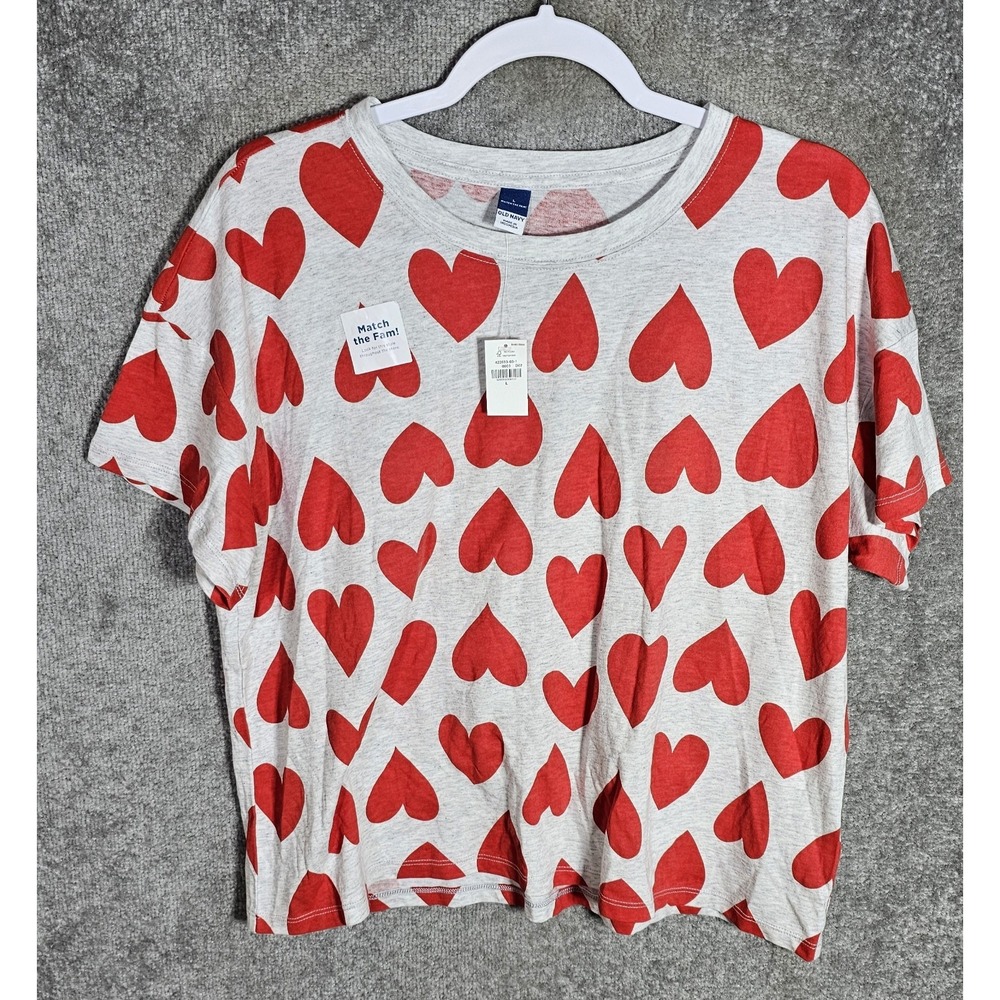 Old Navy Match The Fam T-Shirt Womens Size Large White RED HEARTS Tee Top NWT